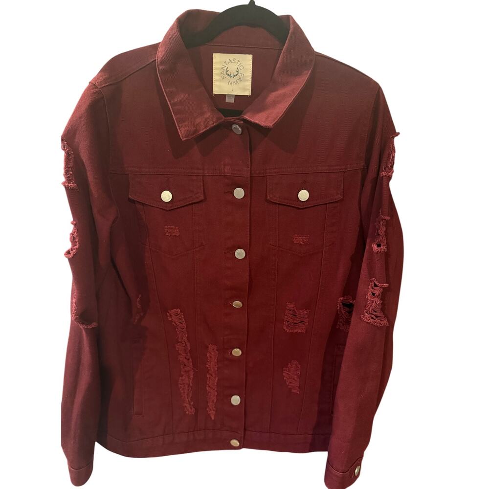 Fantastic Fawn Women's Large Maroon Burgundy distressed shredded denim jacket